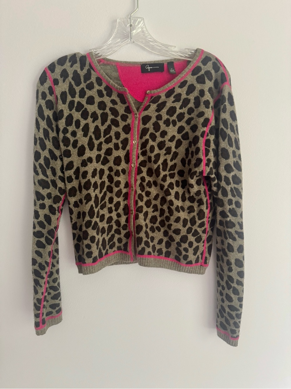 Aqua Olive Leopard Cardigan with Pink Trim